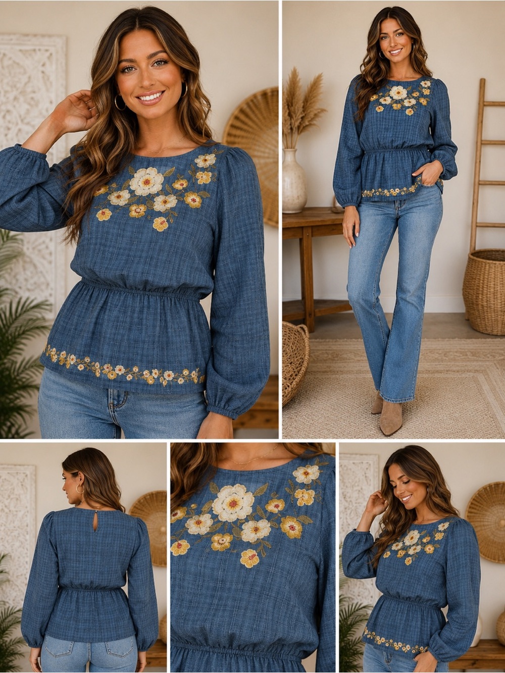 ANDREE BY UNIT Mustard Embroidered Peplum Blouse